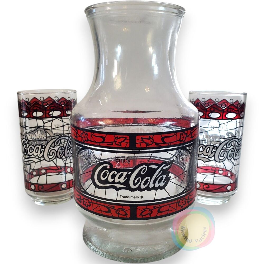 Vintage Godfather's Pizza Coca-Cola Pitcher Glass Set Tiffany Style